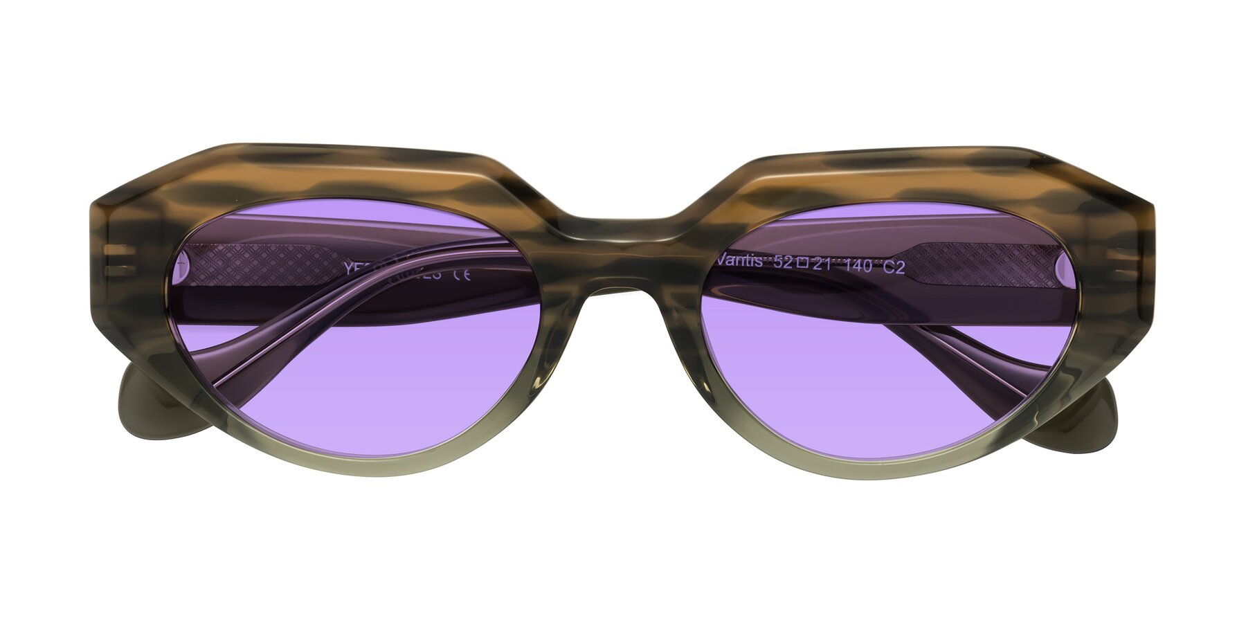 Folded Front of Vantis in Brown Striped with Medium Purple Tinted Lenses