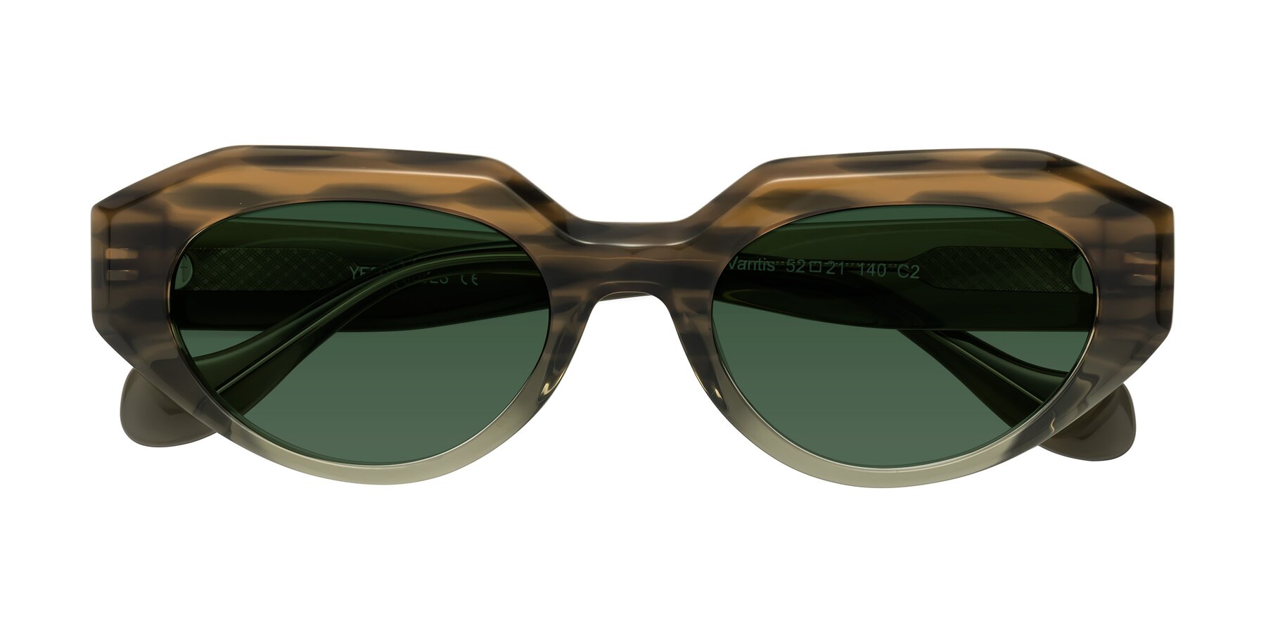 Folded Front of Vantis in Brown Striped with Green Tinted Lenses