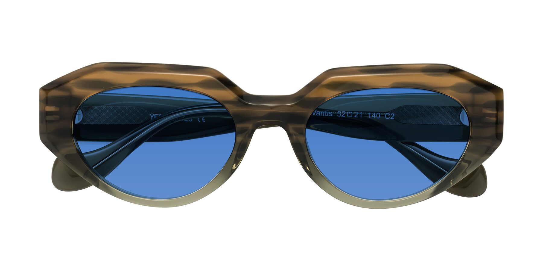 Folded Front of Vantis in Brown Striped with Blue Tinted Lenses