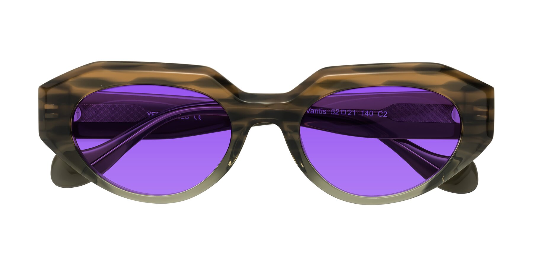 Folded Front of Vantis in Brown Striped with Purple Tinted Lenses