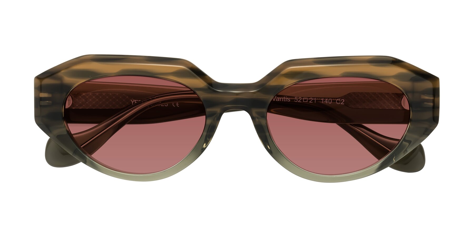 Folded Front of Vantis in Brown Striped with Garnet Tinted Lenses