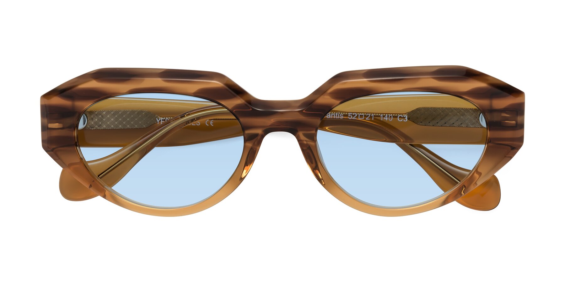 Folded Front of Vantis in Amber Striped with Light Blue Tinted Lenses