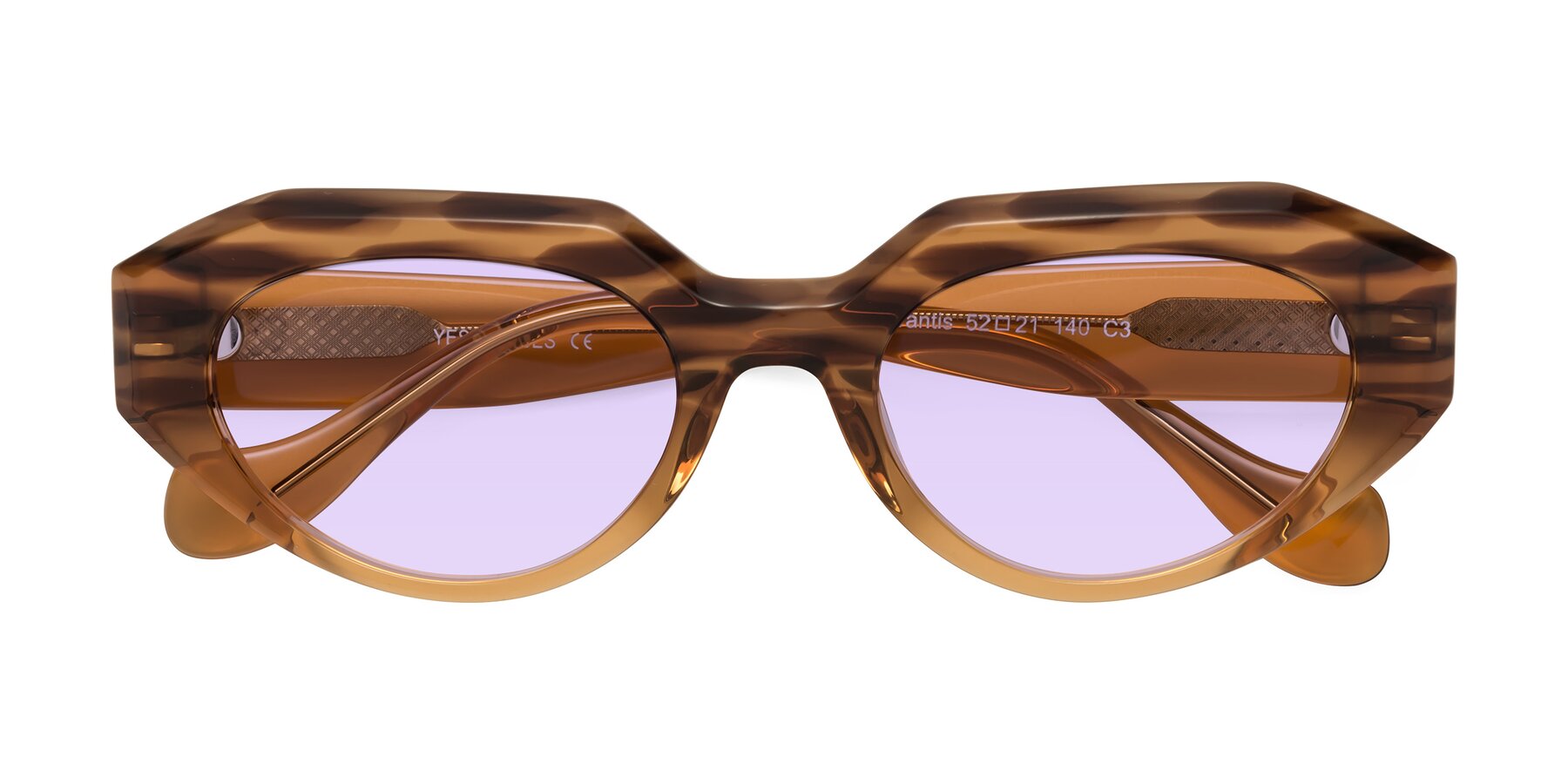 Folded Front of Vantis in Amber Striped with Light Purple Tinted Lenses