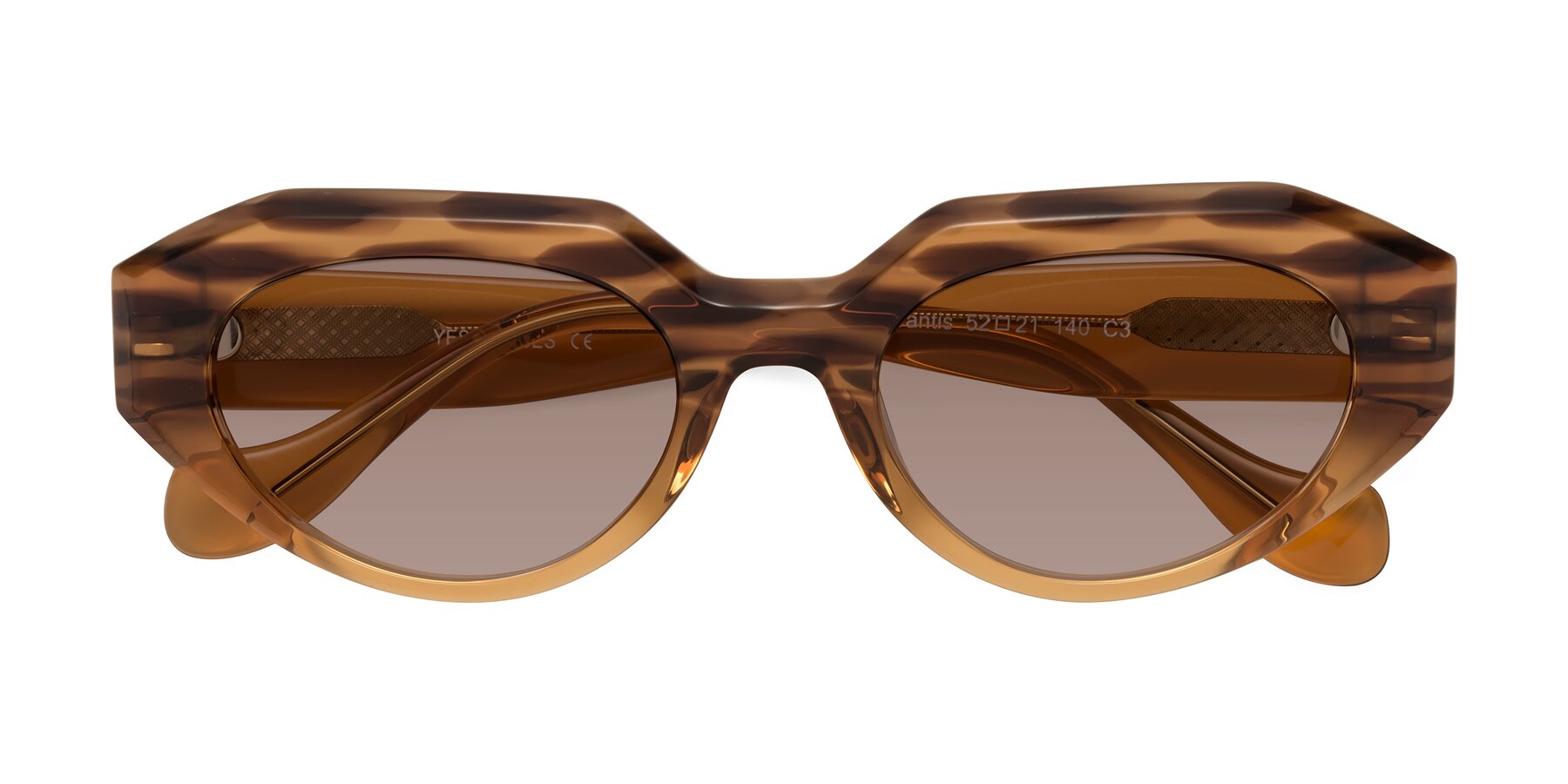 Folded Front of Vantis in Amber Striped with Medium Brown Tinted Lenses