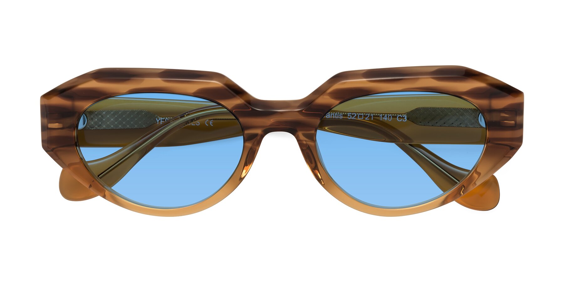 Folded Front of Vantis in Amber Striped with Medium Blue Tinted Lenses