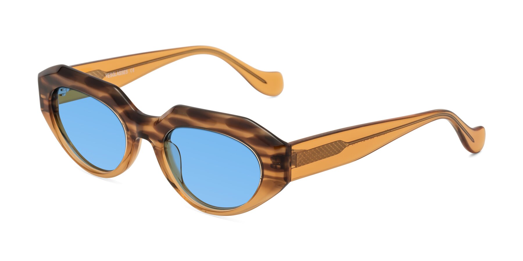 Angle of Vantis in Amber Striped with Medium Blue Tinted Lenses