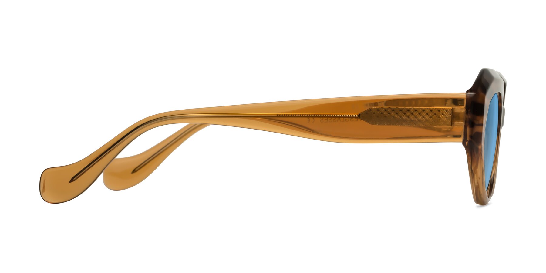 Side of Vantis in Amber Striped with Medium Blue Tinted Lenses