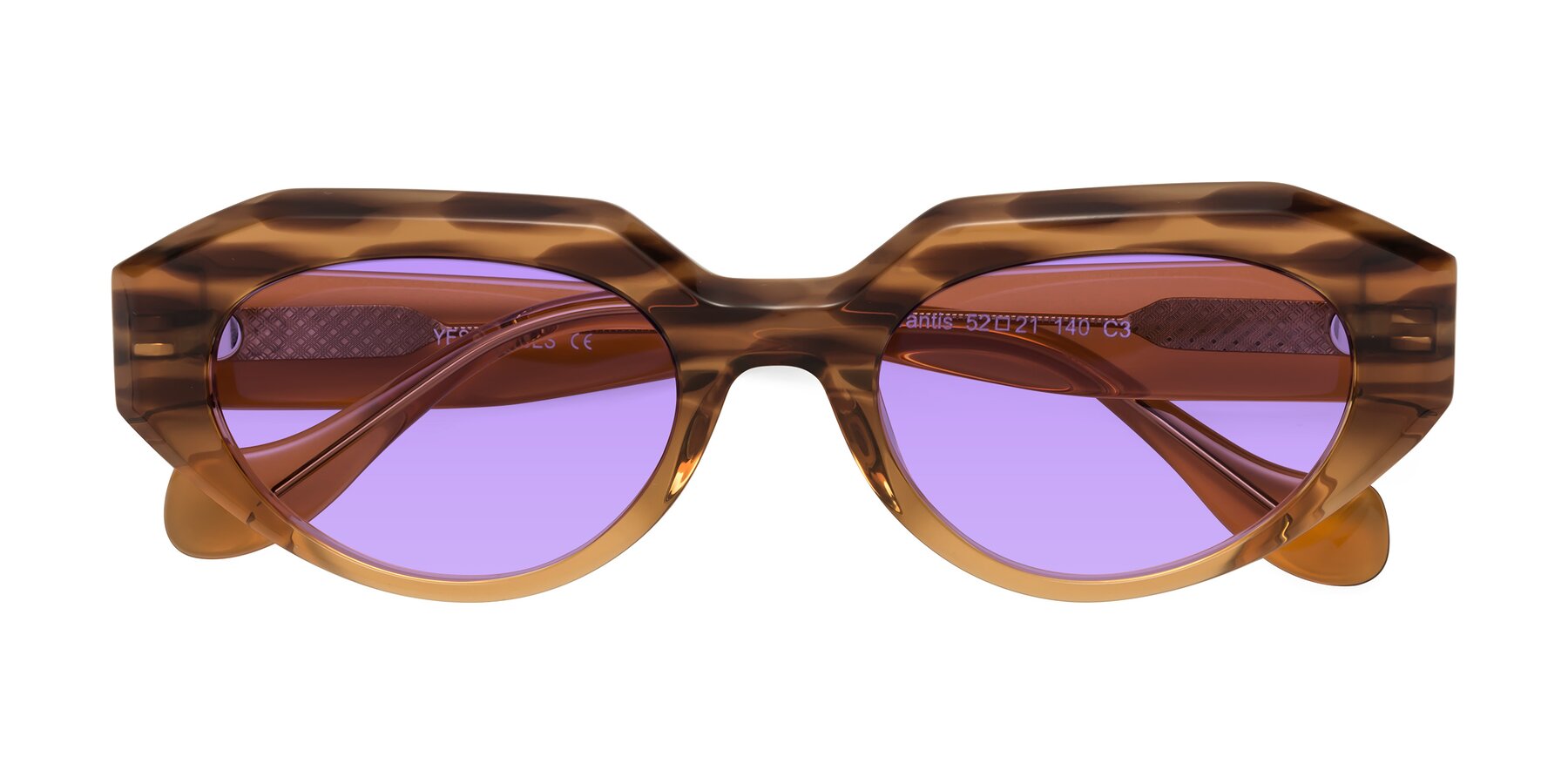 Folded Front of Vantis in Amber Striped with Medium Purple Tinted Lenses