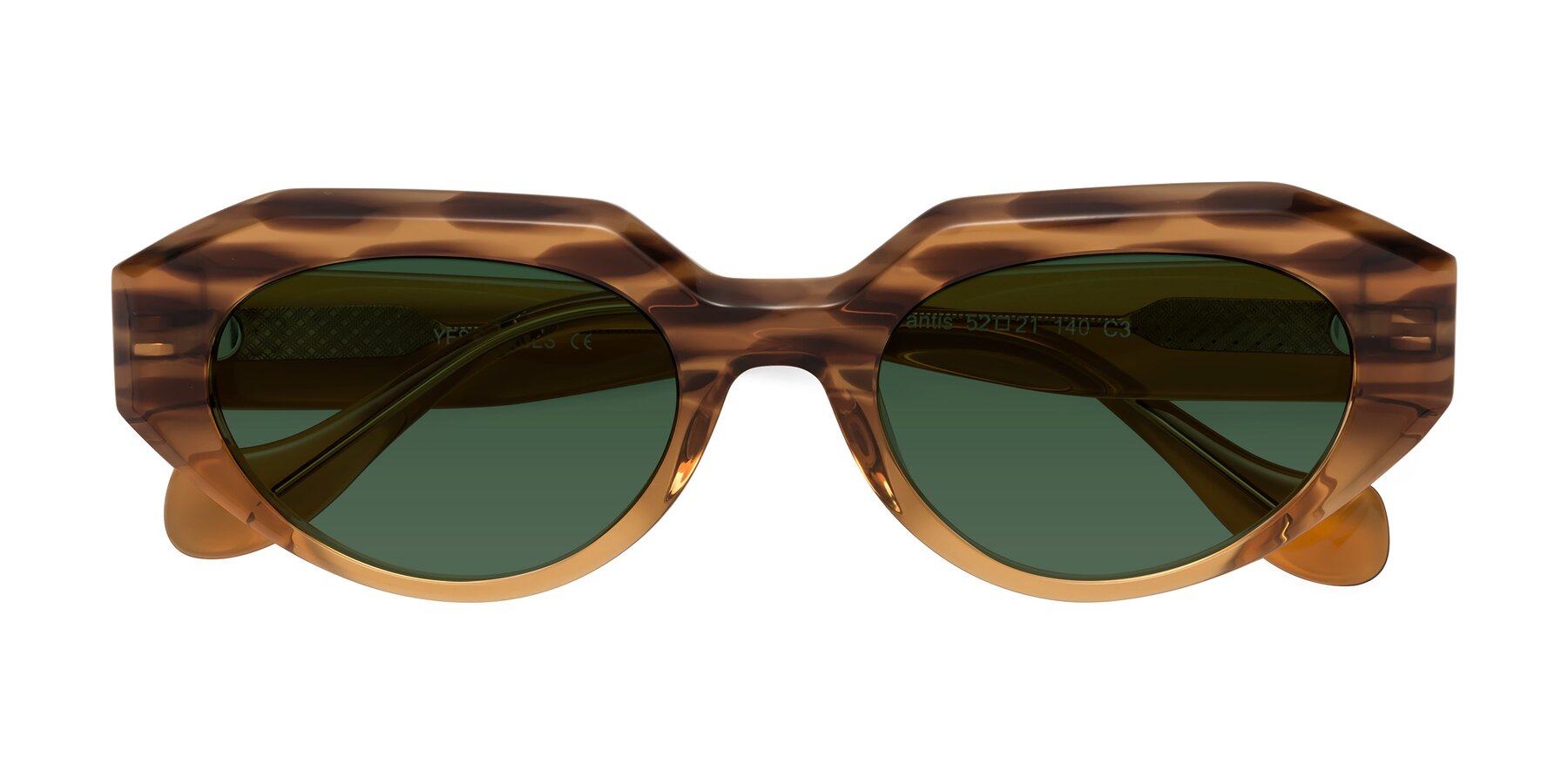 Folded Front of Vantis in Amber Striped with Green Tinted Lenses