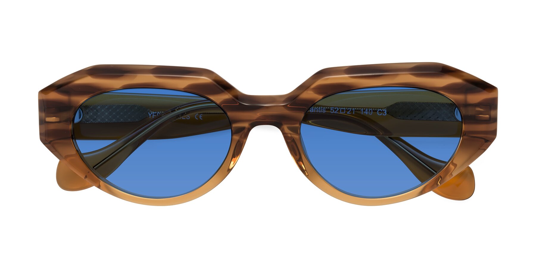 Folded Front of Vantis in Amber Striped with Blue Tinted Lenses