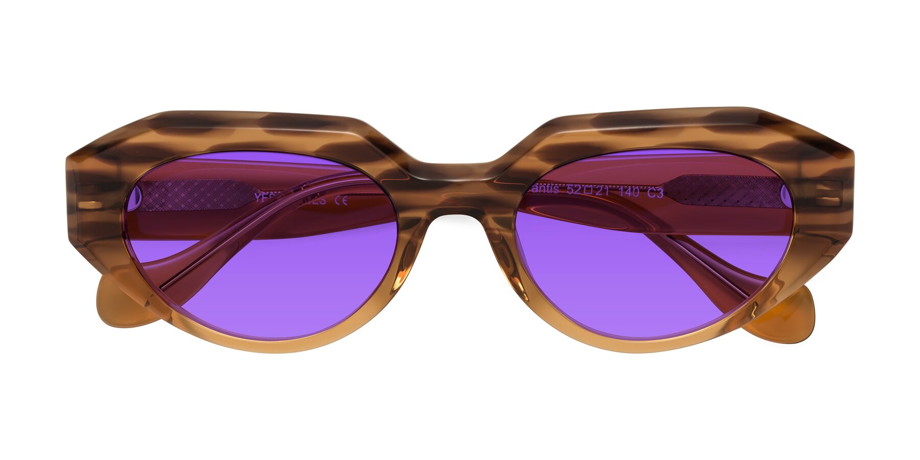 Folded Front of Vantis in Amber Striped with Purple Tinted Lenses