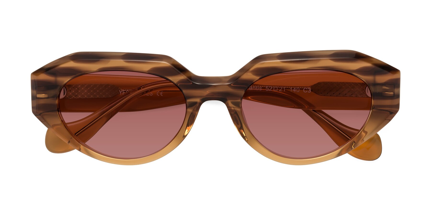 Folded Front of Vantis in Amber Striped with Garnet Tinted Lenses