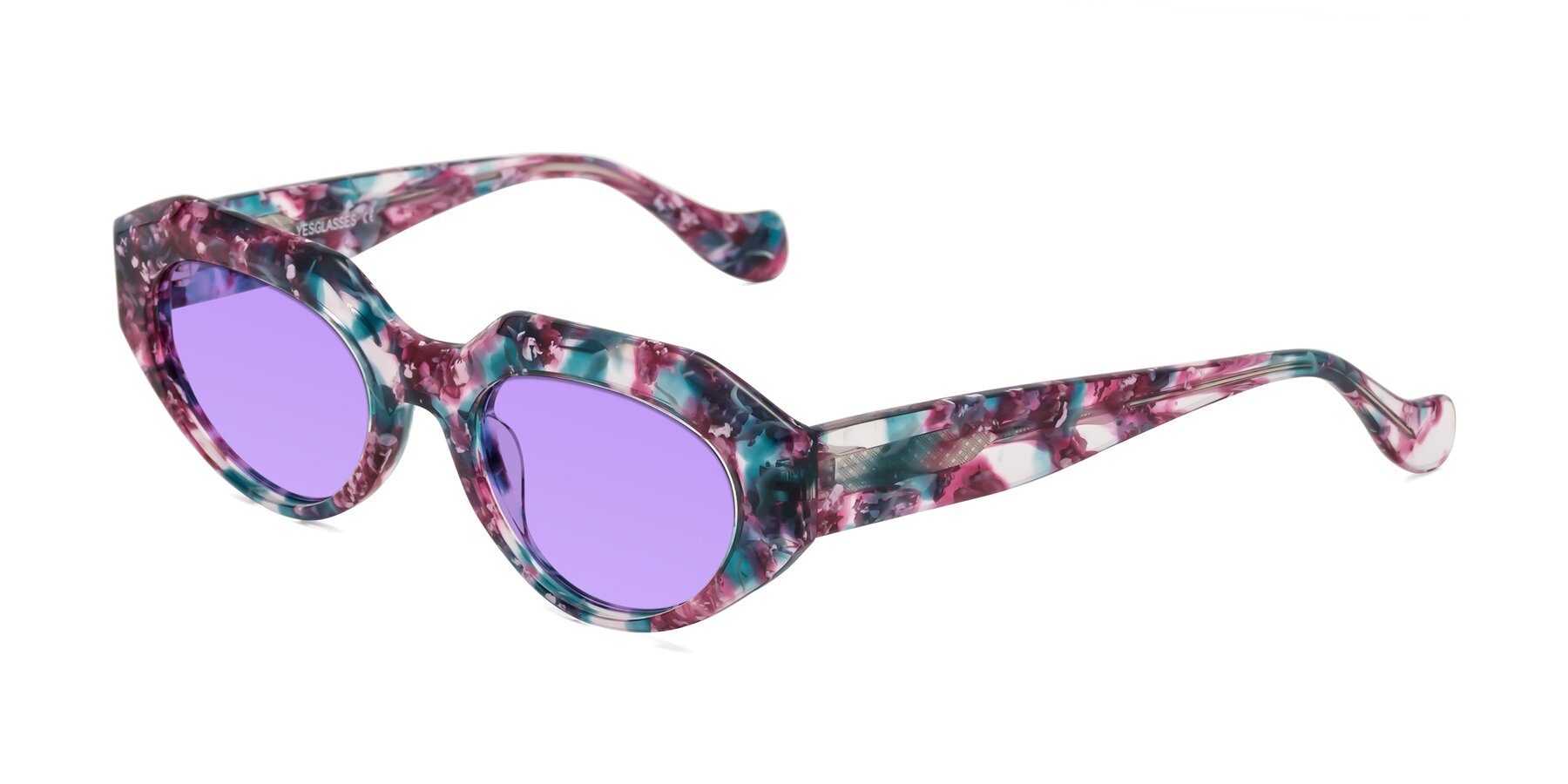 Angle of Vantis in Spring Floral with Medium Purple Tinted Lenses