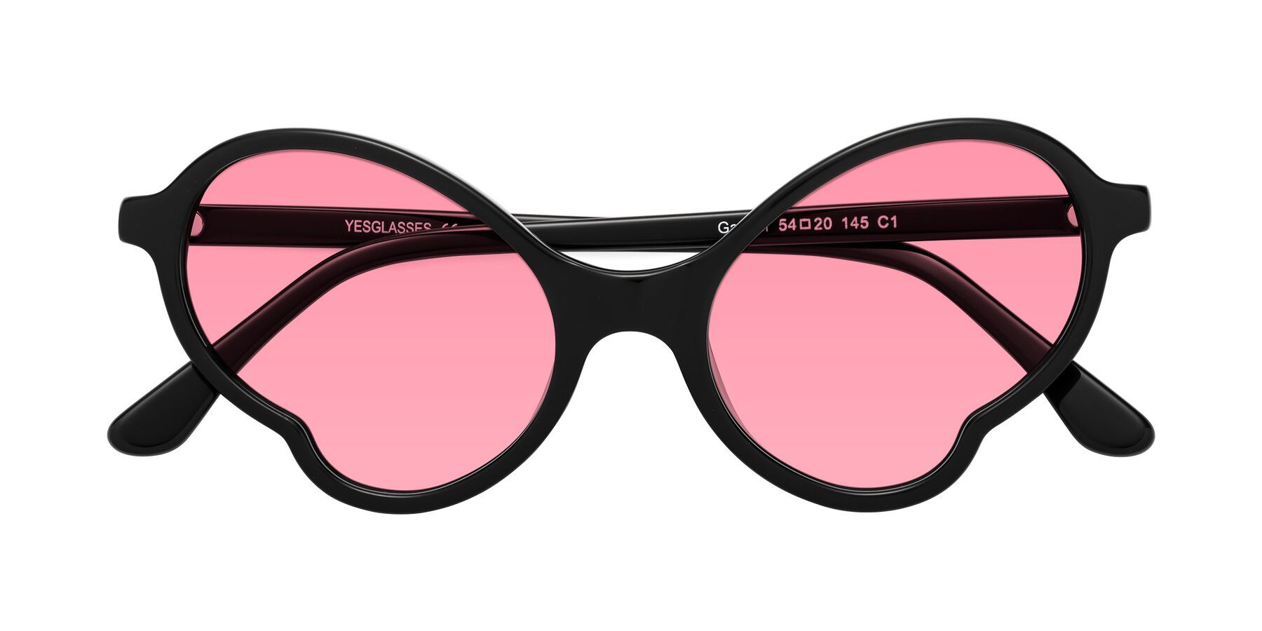 Folded Front of Gabriel in Black with Pink Tinted Lenses