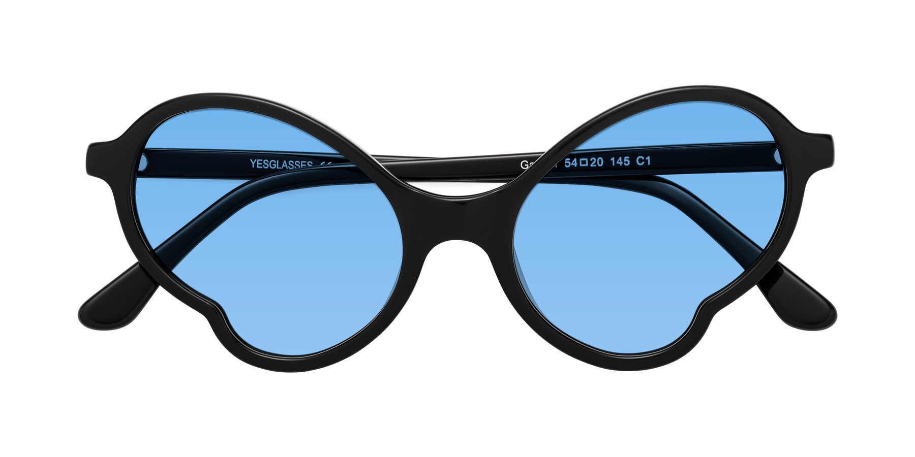 Folded Front of Gabriel in Black with Medium Blue Tinted Lenses