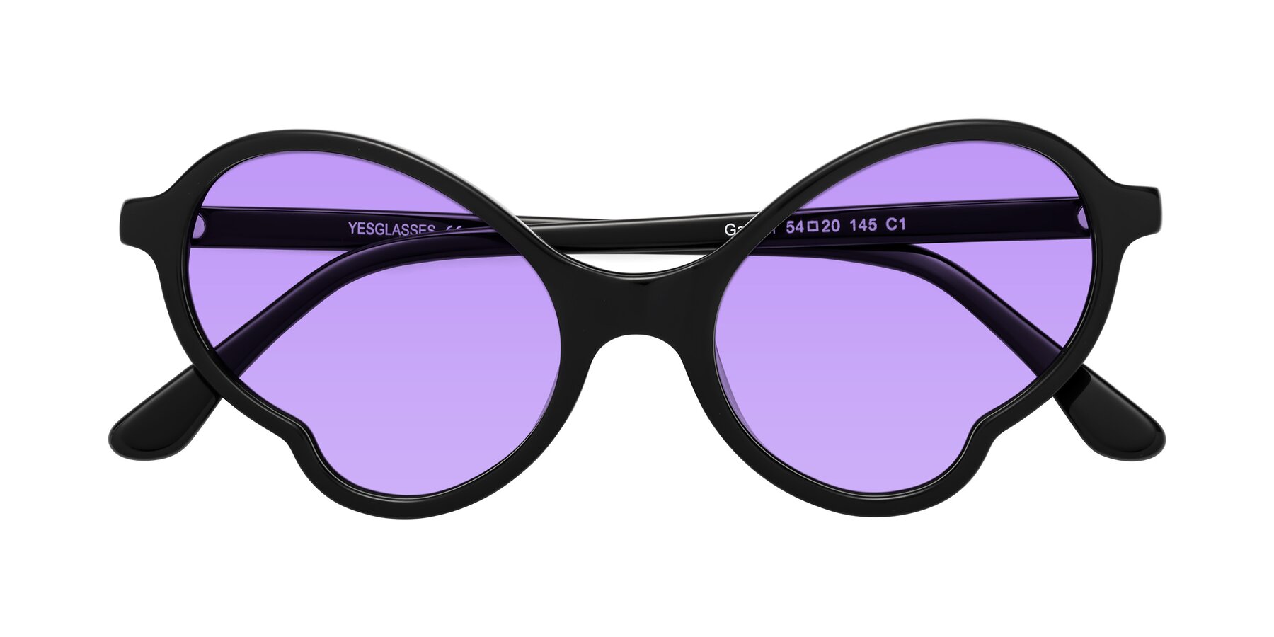 Folded Front of Gabriel in Black with Medium Purple Tinted Lenses