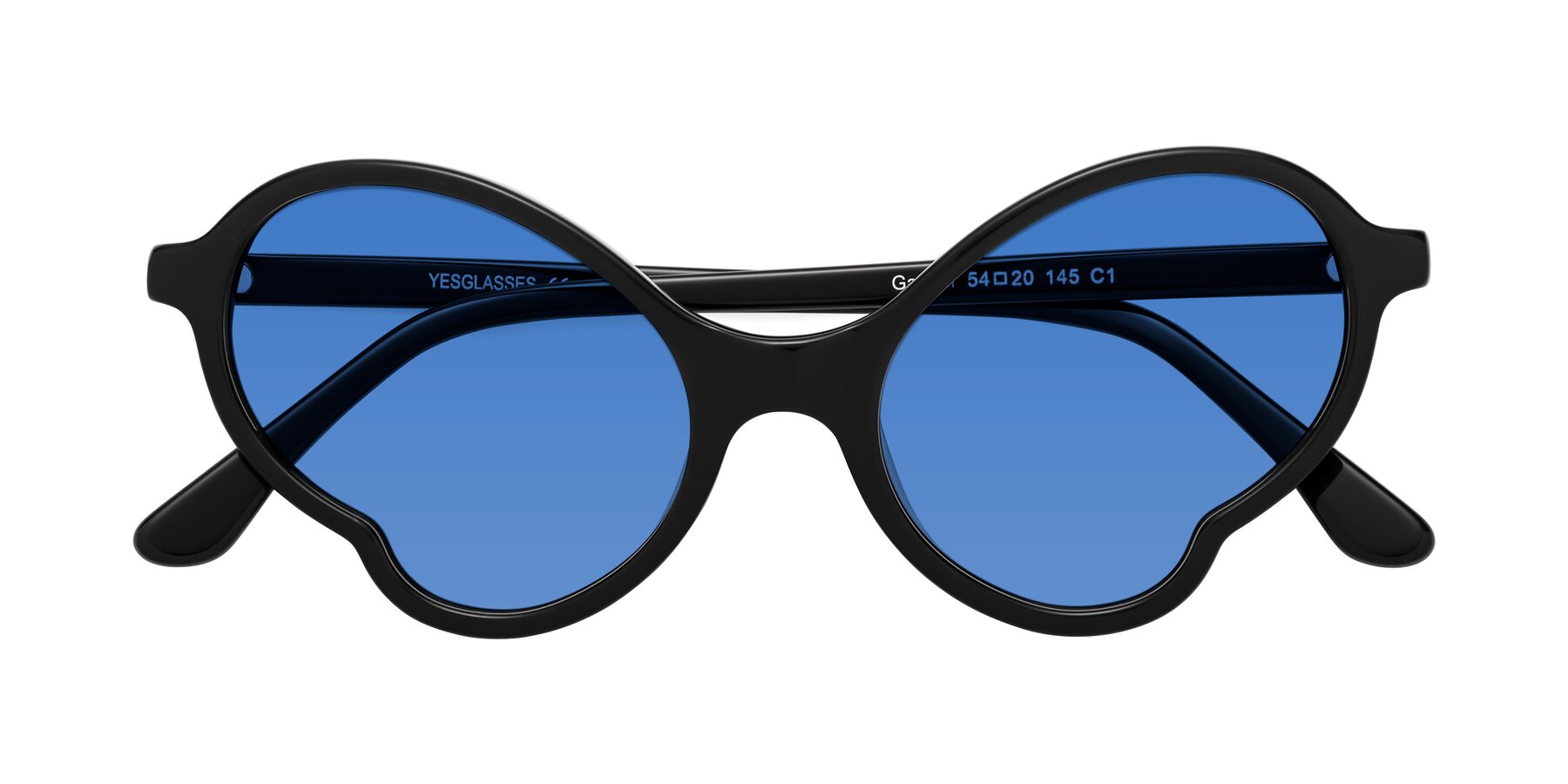 Folded Front of Gabriel in Black with Blue Tinted Lenses
