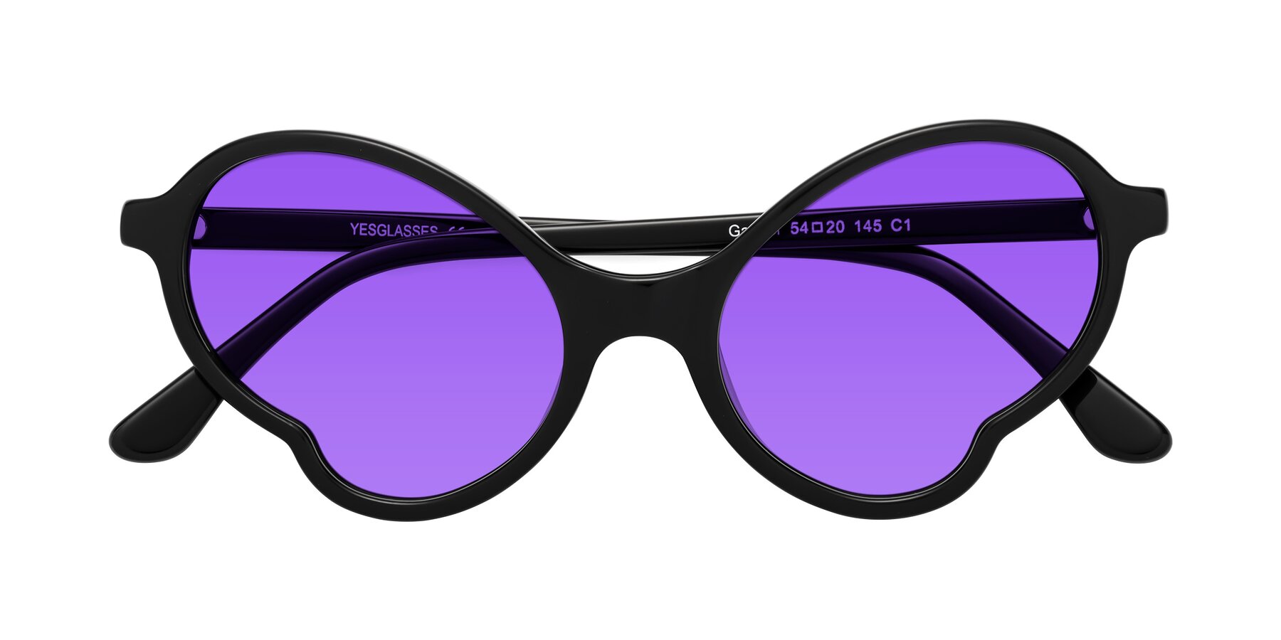 Folded Front of Gabriel in Black with Purple Tinted Lenses