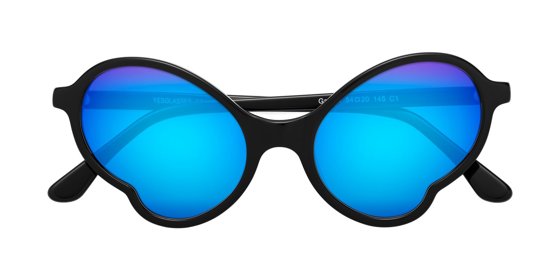Folded Front of Gabriel in Black with Blue Mirrored Lenses