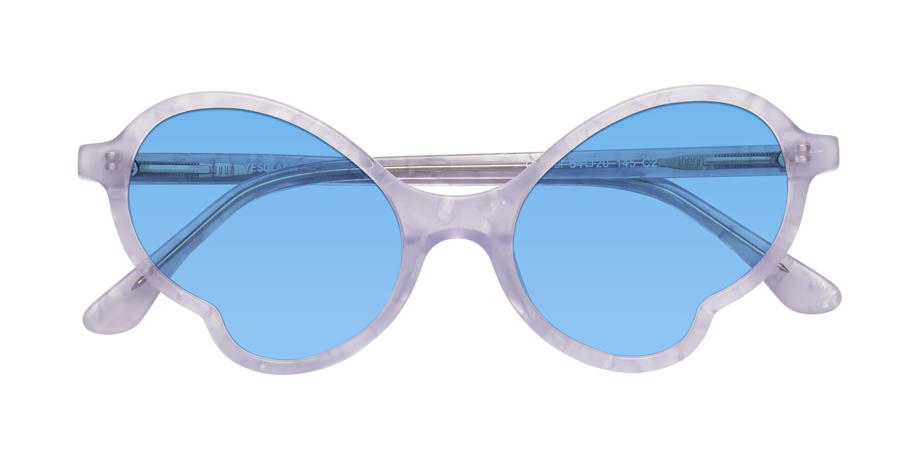 Folded Front of Gabriel in Light Lavender Floral with Medium Blue Tinted Lenses