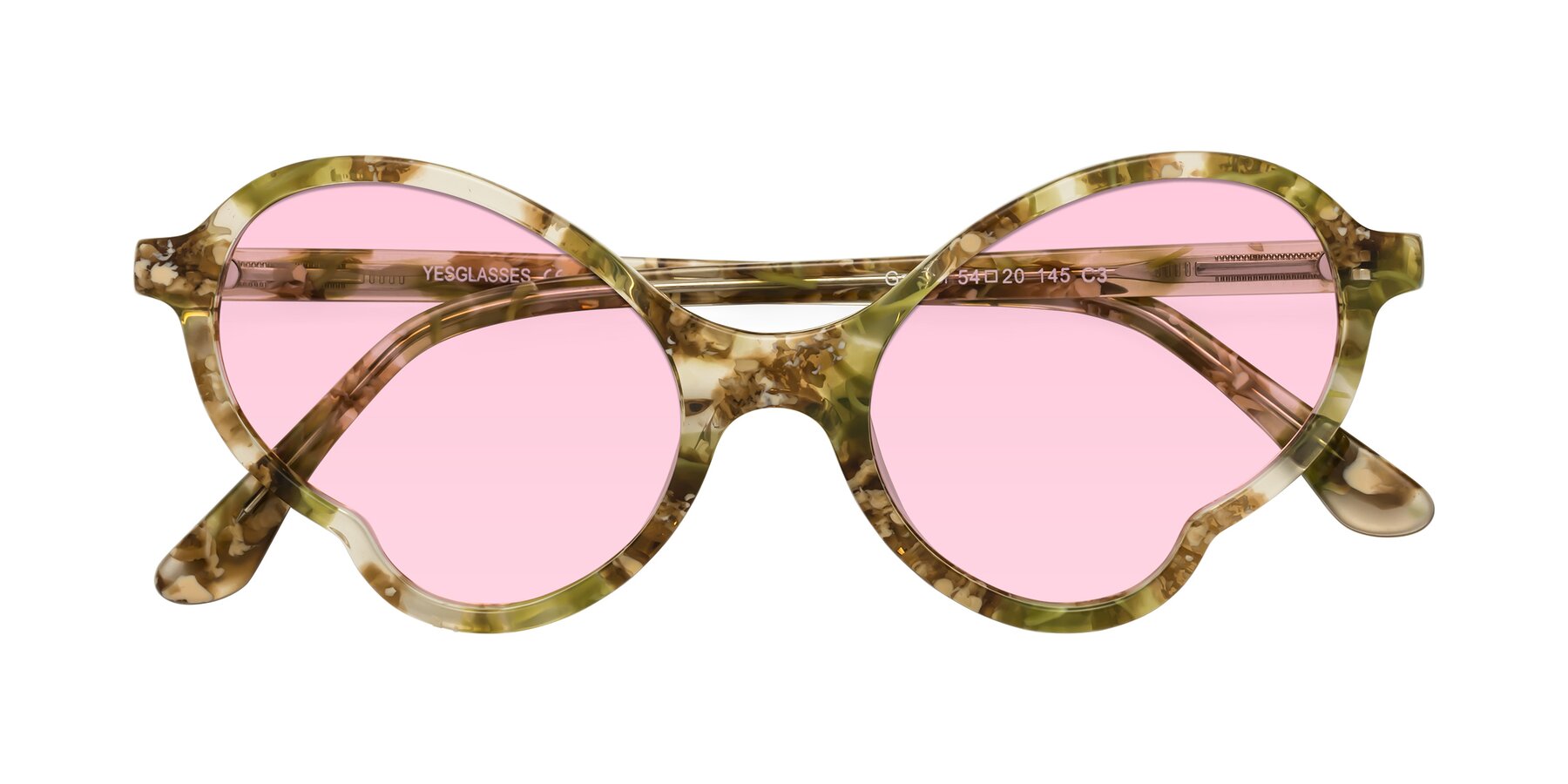 Folded Front of Gabriel in Green Floral with Light Pink Tinted Lenses