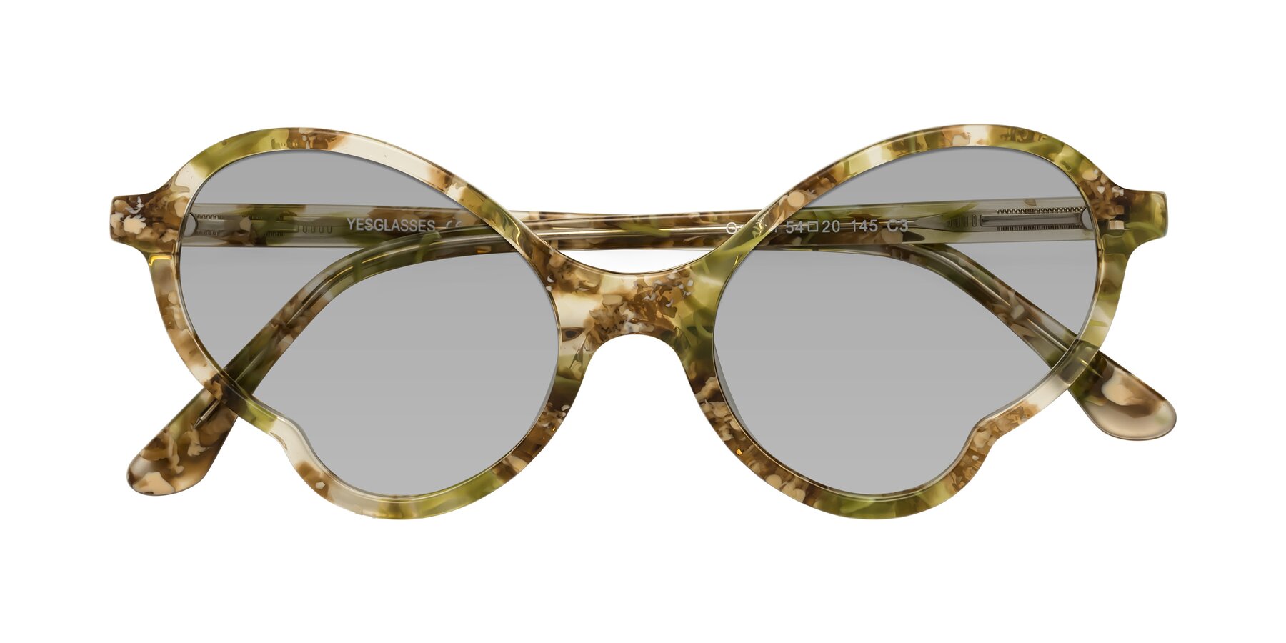 Folded Front of Gabriel in Green Floral with Light Gray Tinted Lenses
