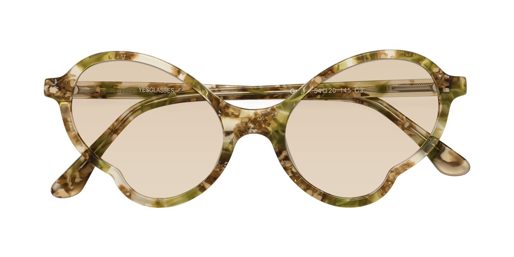 Folded Front of Gabriel in Green Floral with Light Brown Tinted Lenses