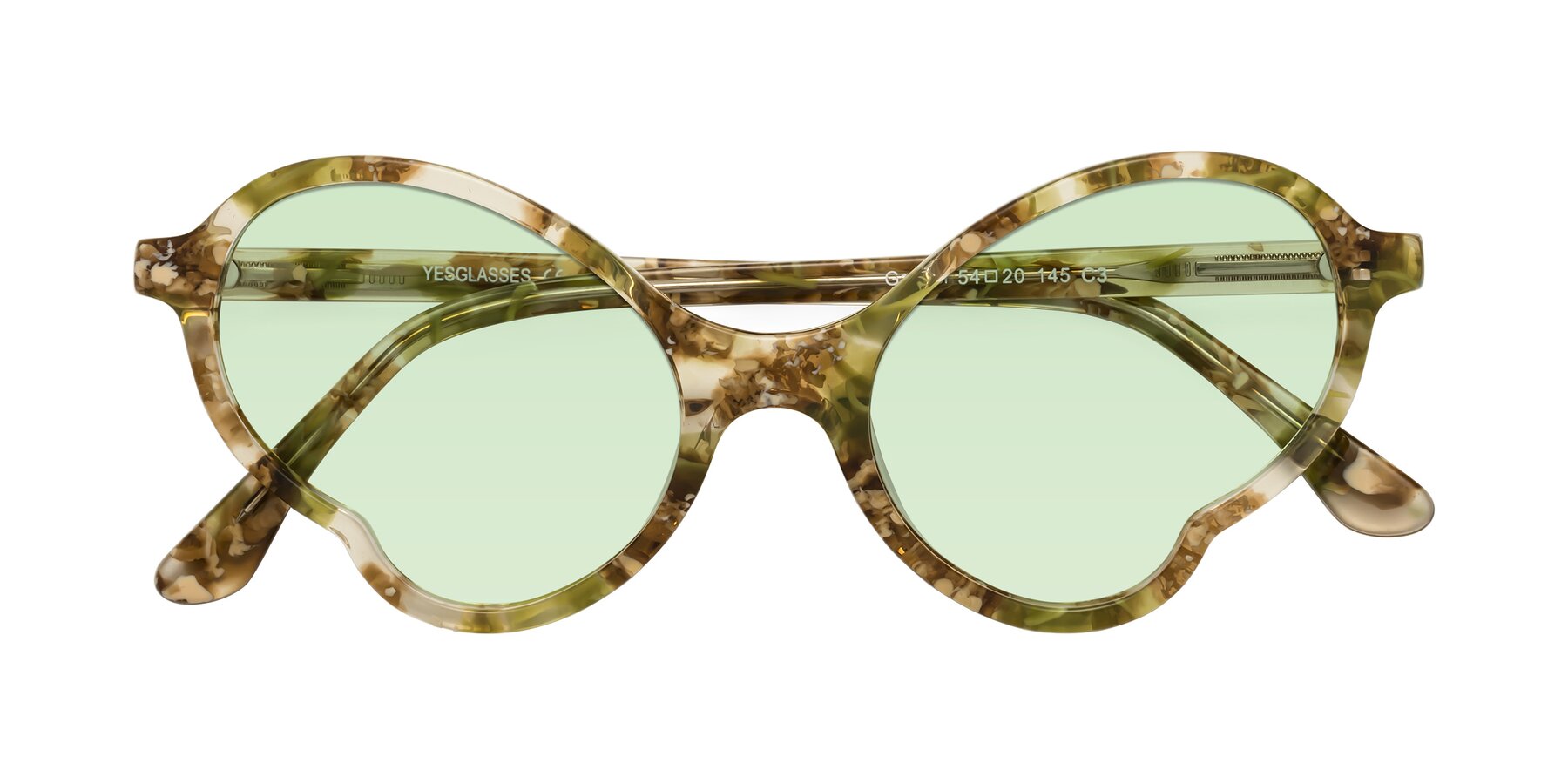 Folded Front of Gabriel in Green Floral with Light Green Tinted Lenses