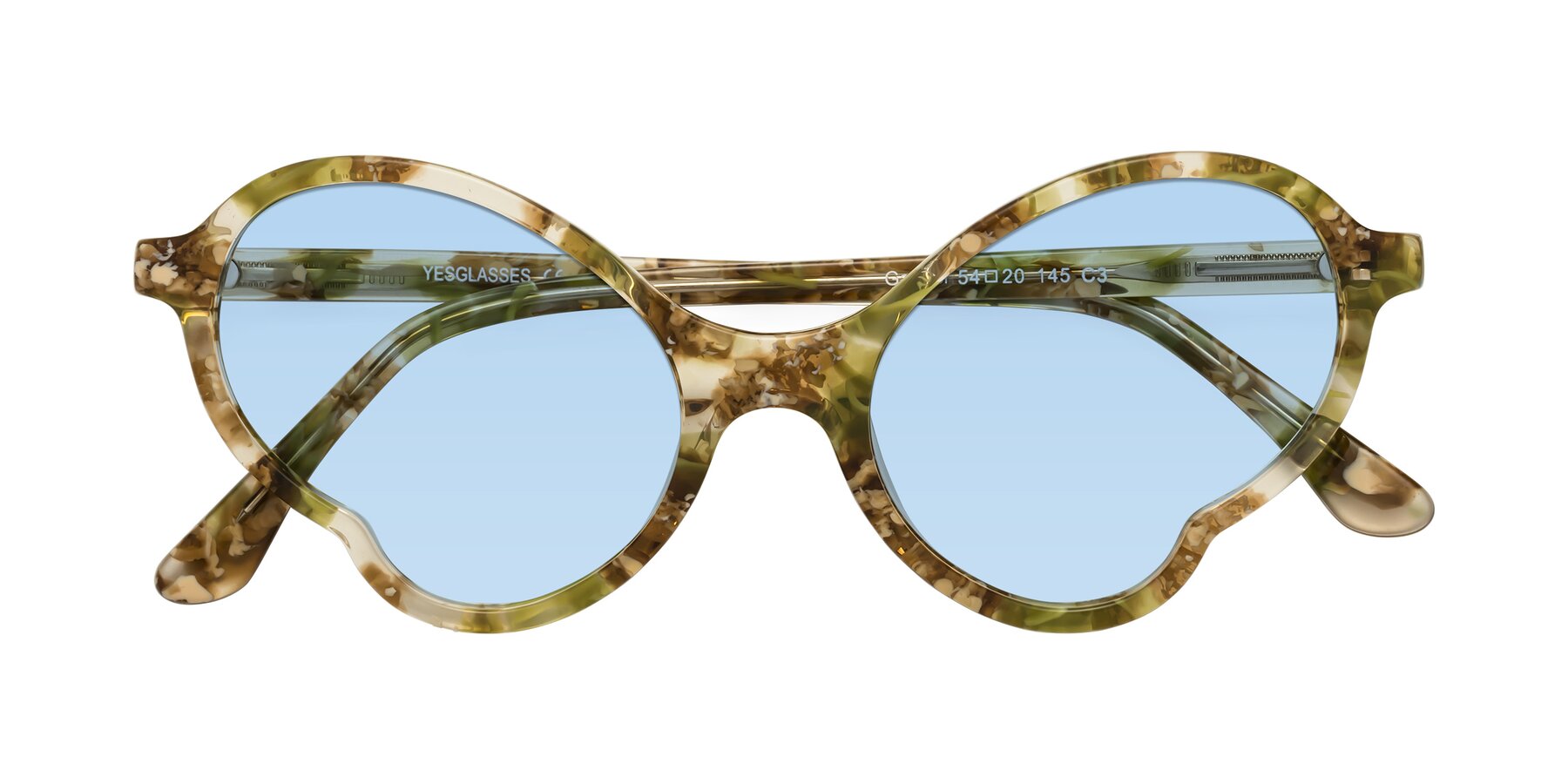 Folded Front of Gabriel in Green Floral with Light Blue Tinted Lenses