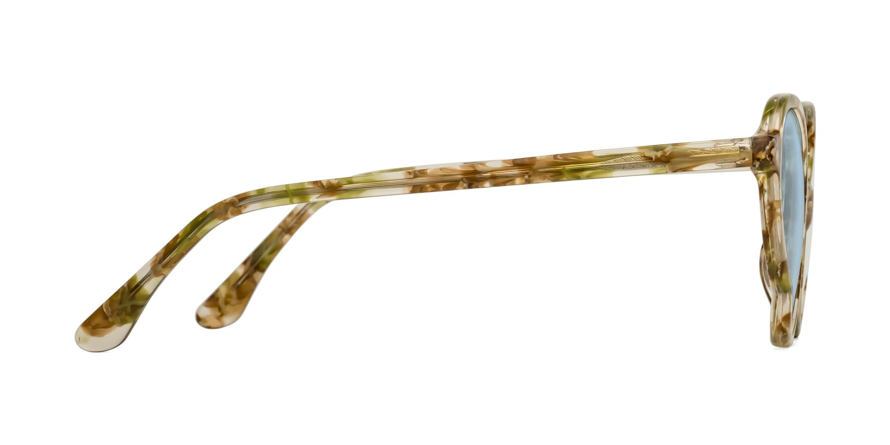 Side of Gabriel in Green Floral with Light Blue Tinted Lenses