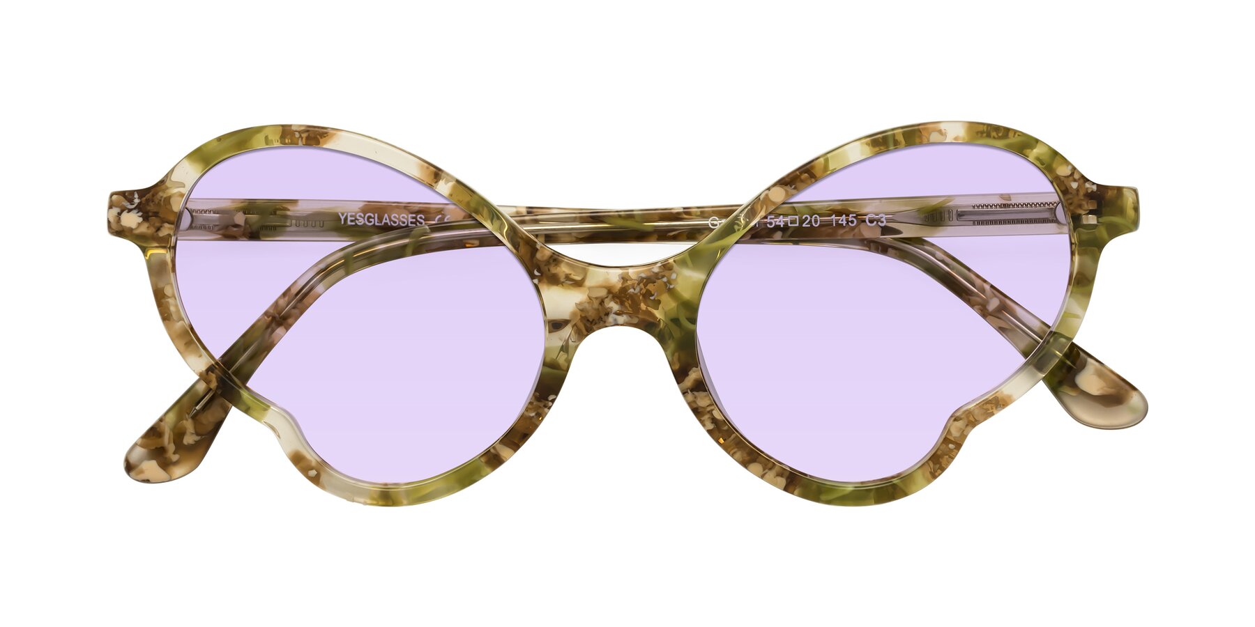 Folded Front of Gabriel in Green Floral with Light Purple Tinted Lenses