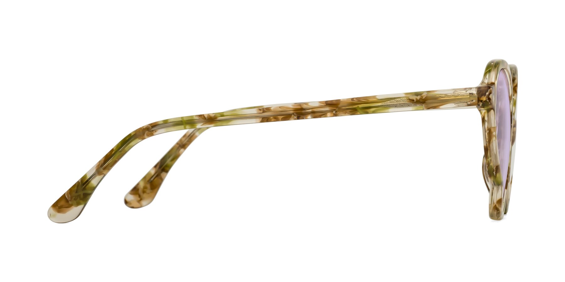 Side of Gabriel in Green Floral with Light Purple Tinted Lenses