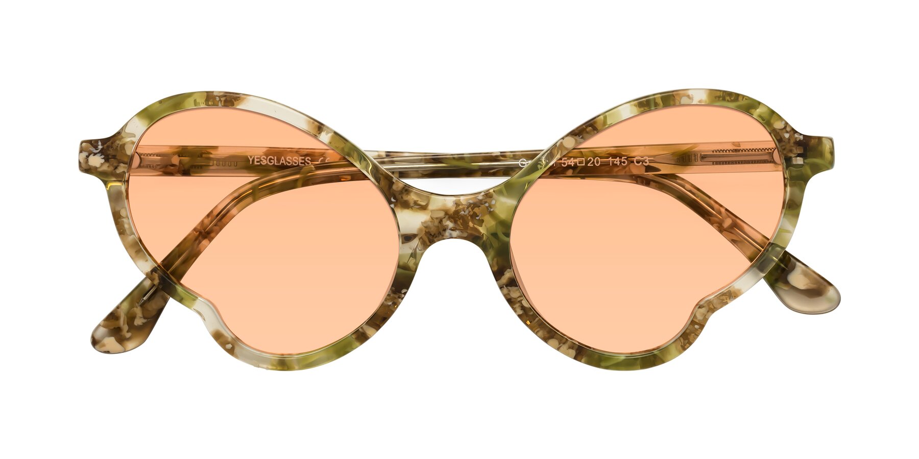 Folded Front of Gabriel in Green Floral with Light Orange Tinted Lenses