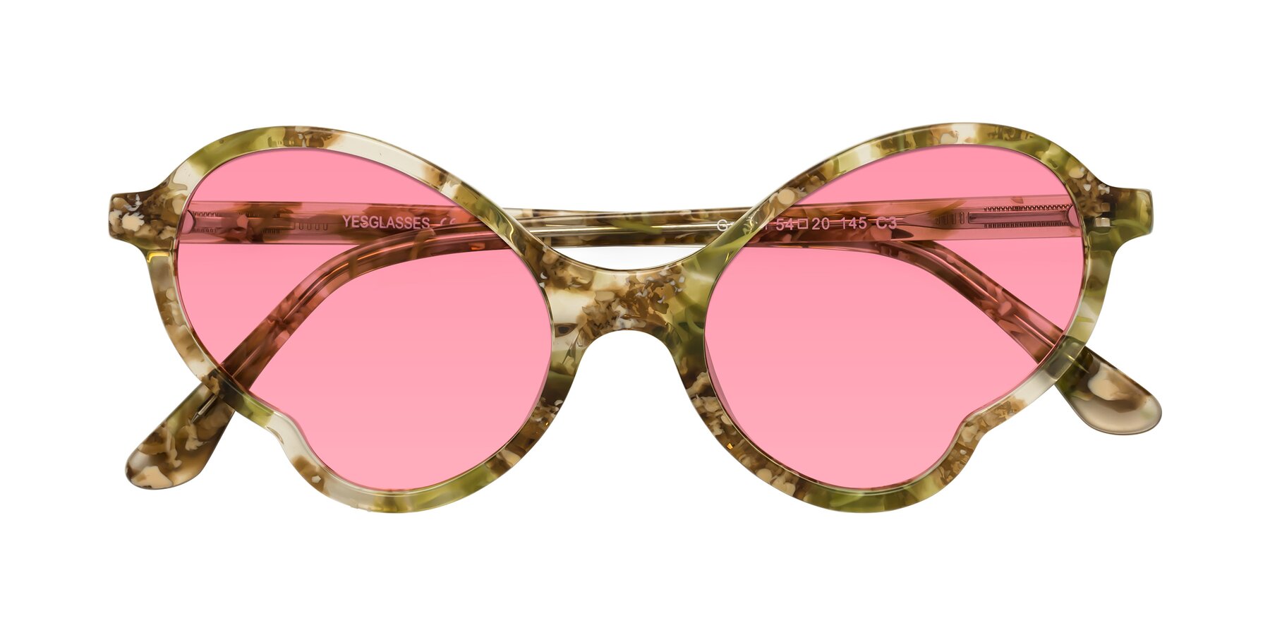 Folded Front of Gabriel in Green Floral with Pink Tinted Lenses