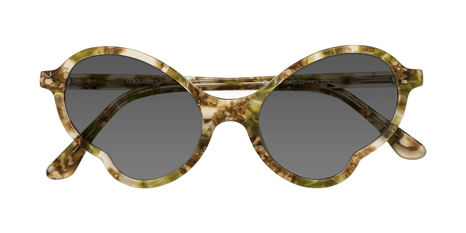 Folded Front of Gabriel in Green Floral with Medium Gray Tinted Lenses