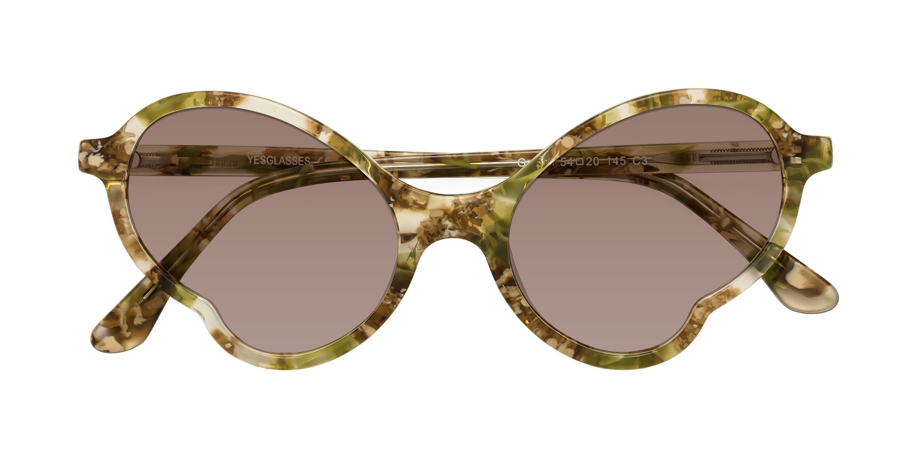 Folded Front of Gabriel in Green Floral with Medium Brown Tinted Lenses