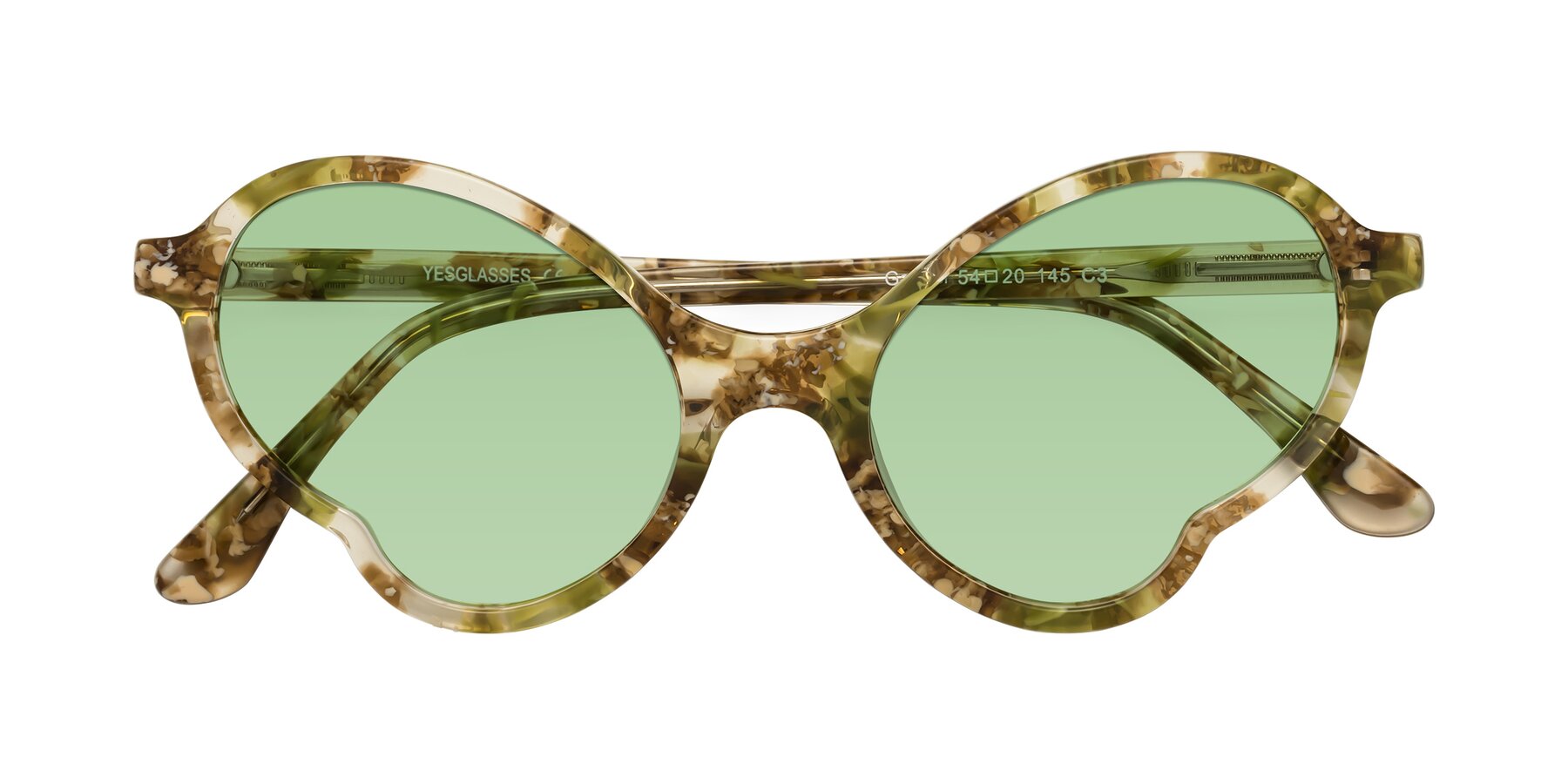 Folded Front of Gabriel in Green Floral with Medium Green Tinted Lenses