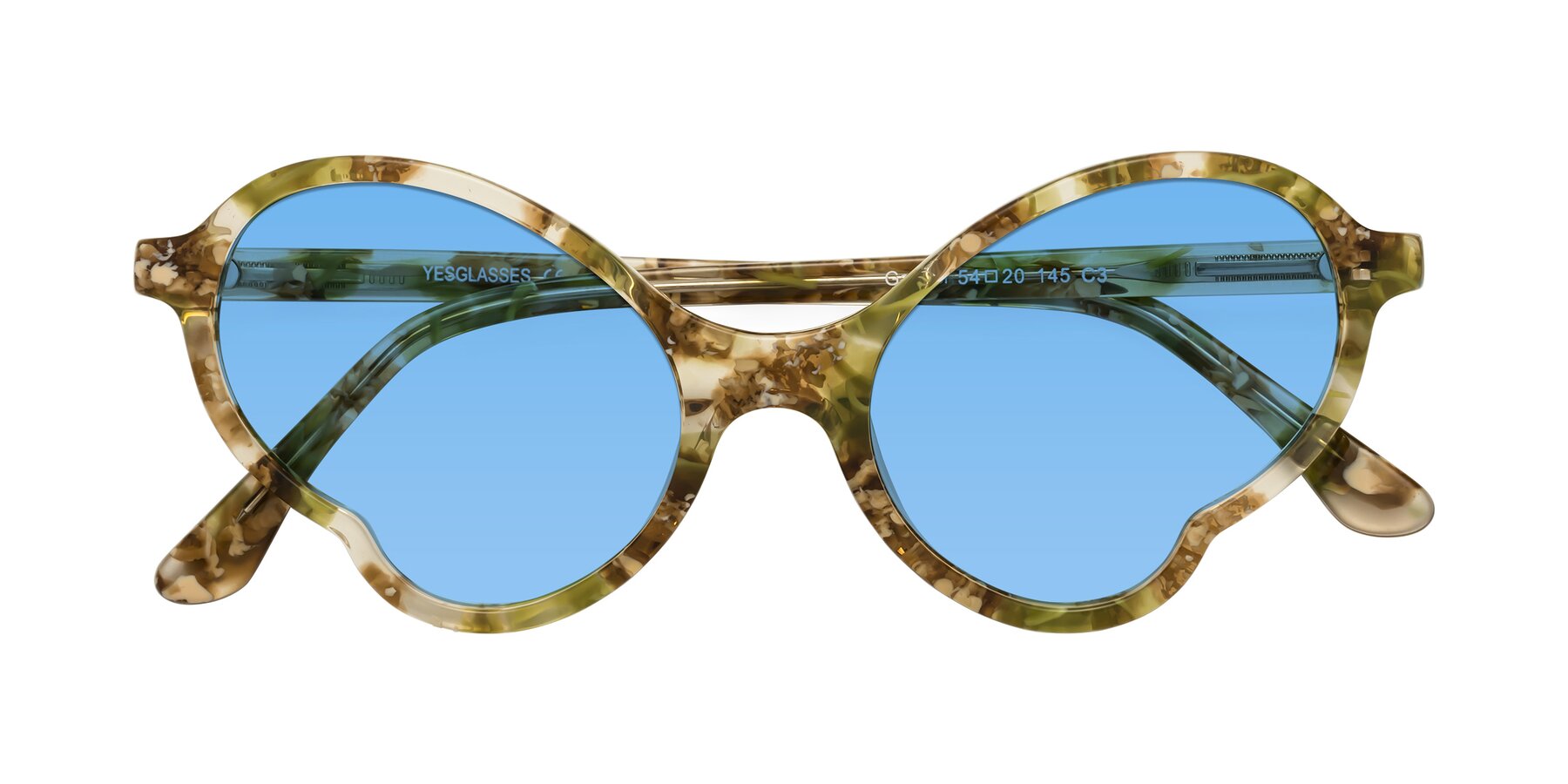 Folded Front of Gabriel in Green Floral with Medium Blue Tinted Lenses
