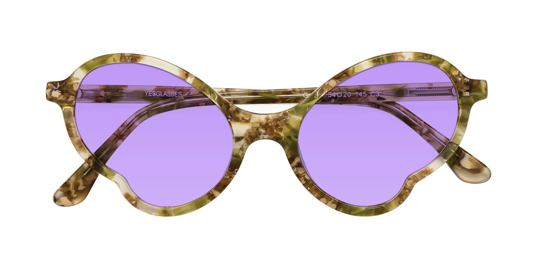 Folded Front of Gabriel in Green Floral with Medium Purple Tinted Lenses