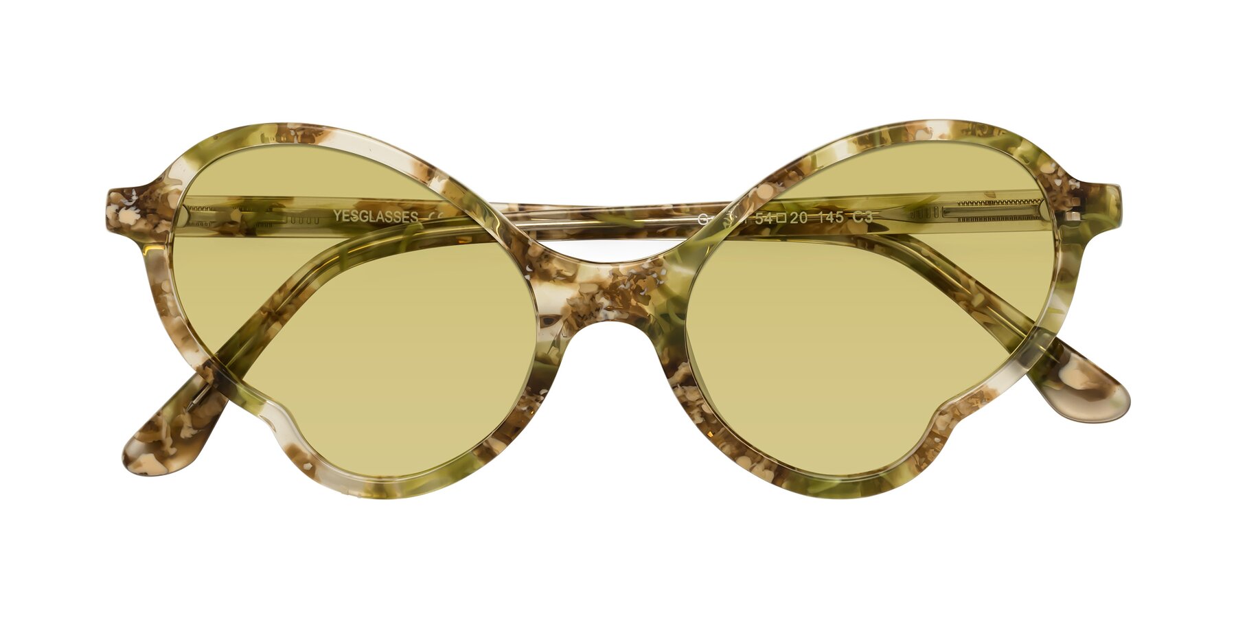Folded Front of Gabriel in Green Floral with Medium Champagne Tinted Lenses