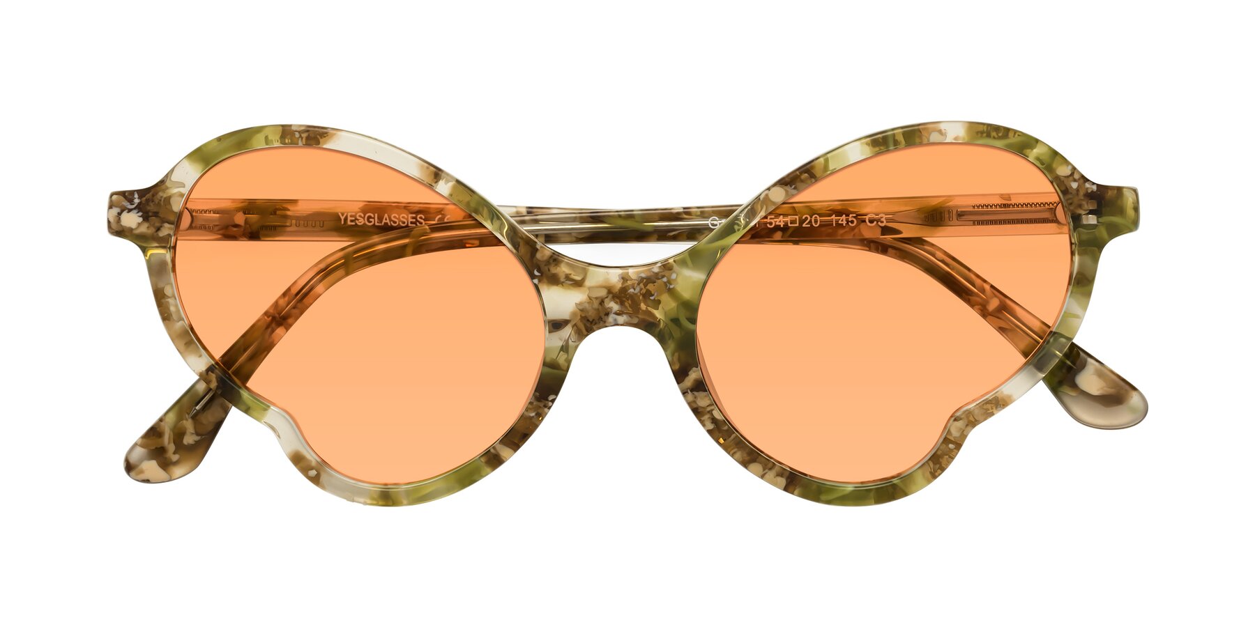 Folded Front of Gabriel in Green Floral with Medium Orange Tinted Lenses