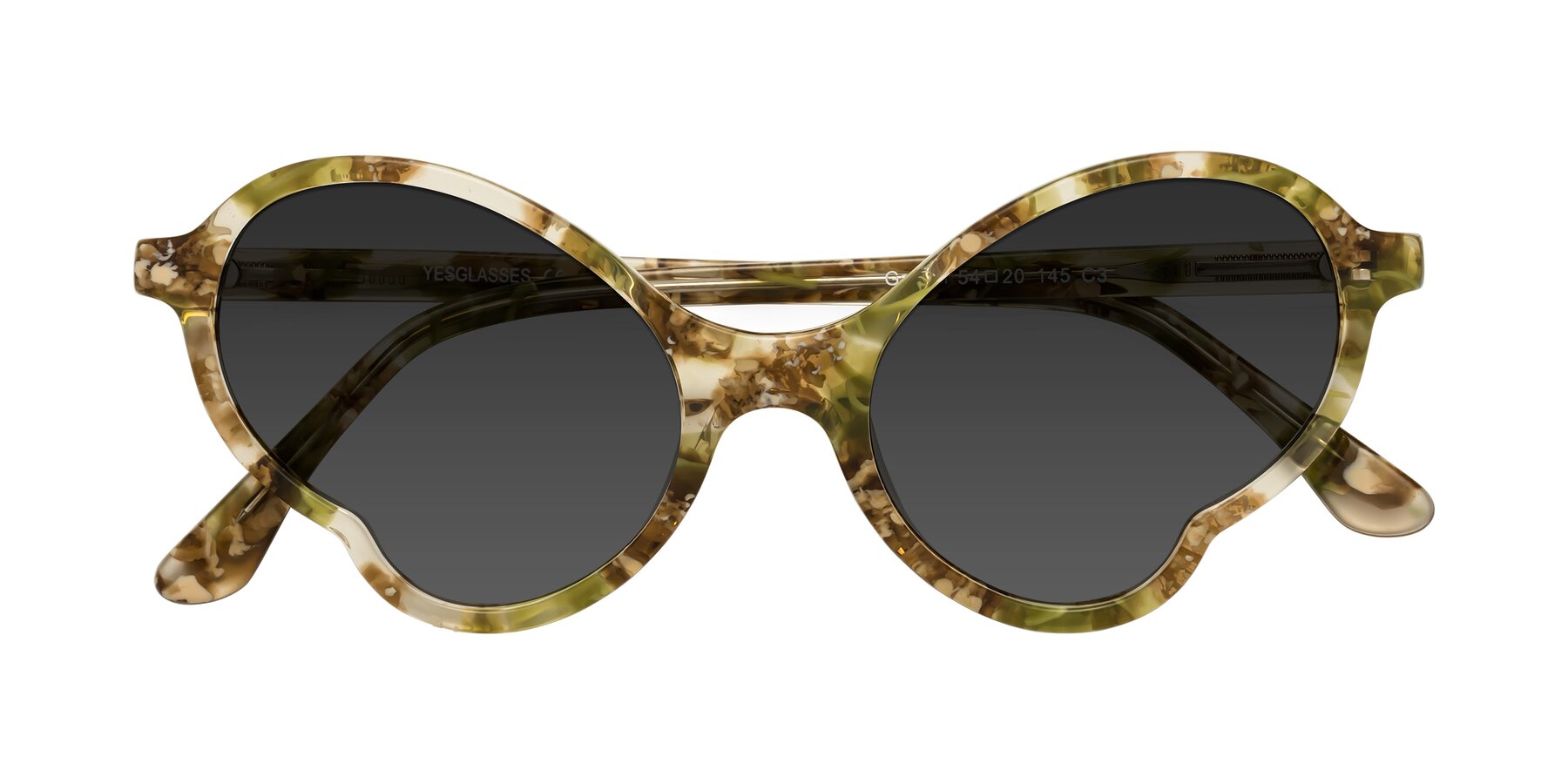 Folded Front of Gabriel in Green Floral with Gray Tinted Lenses