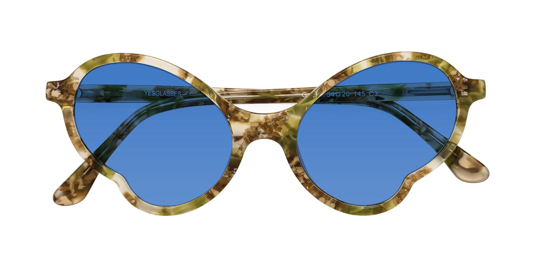 Folded Front of Gabriel in Green Floral with Blue Tinted Lenses