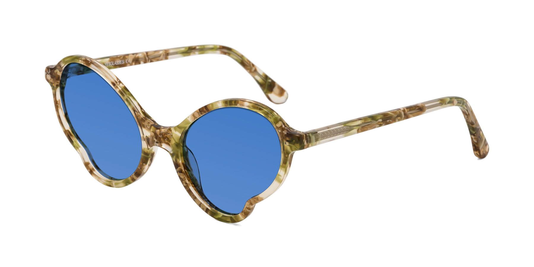 Angle of Gabriel in Green Floral with Blue Tinted Lenses