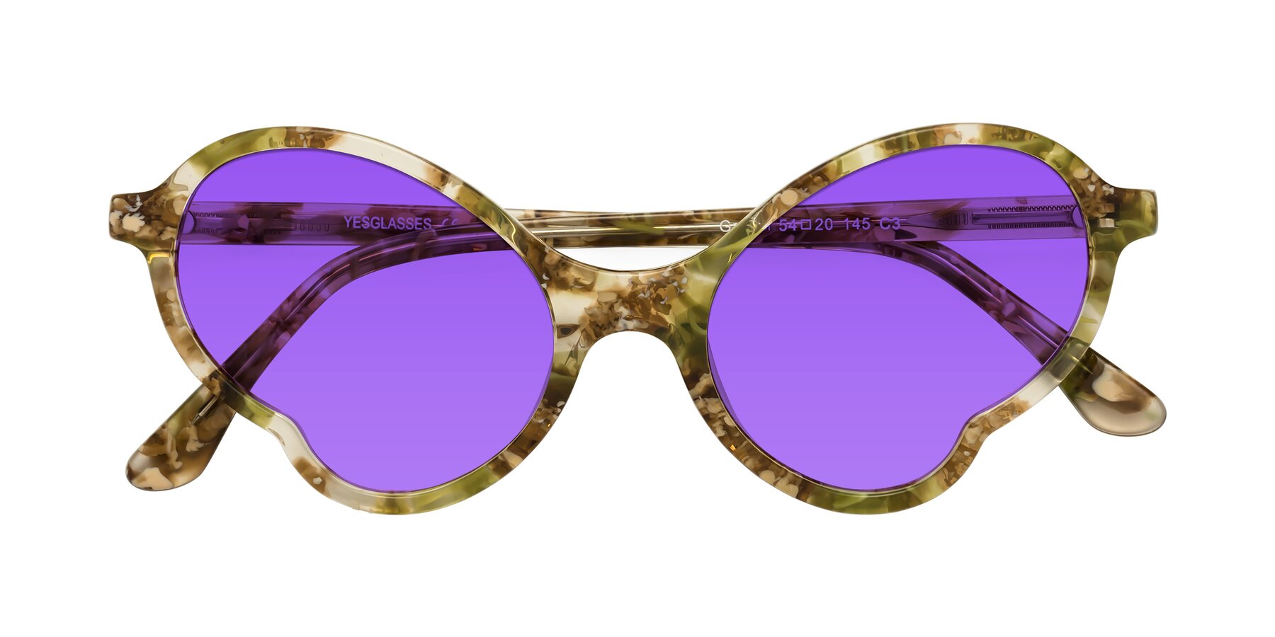Folded Front of Gabriel in Green Floral with Purple Tinted Lenses