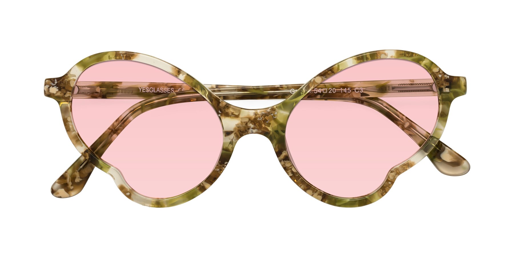 Folded Front of Gabriel in Green Floral with Light Garnet Tinted Lenses