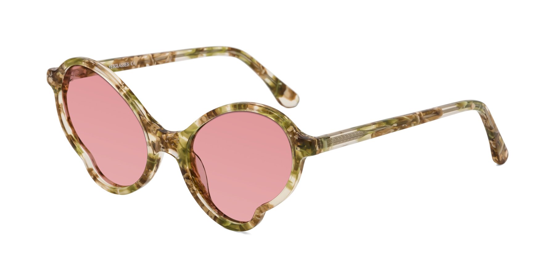 Angle of Gabriel in Green Floral with Medium Garnet Tinted Lenses