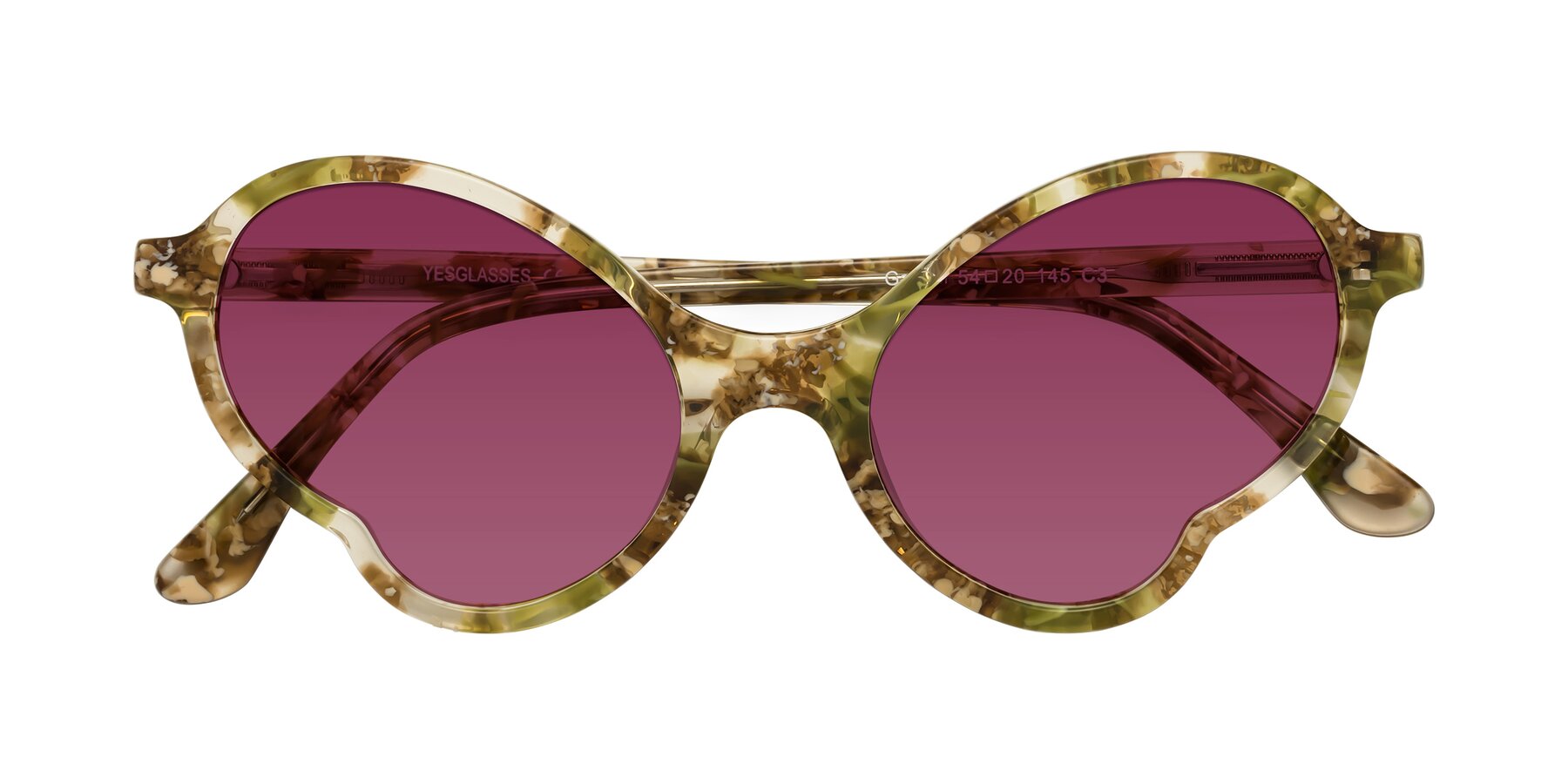 Folded Front of Gabriel in Green Floral with Wine Tinted Lenses