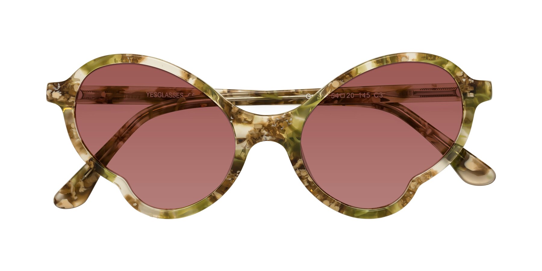 Folded Front of Gabriel in Green Floral with Garnet Tinted Lenses