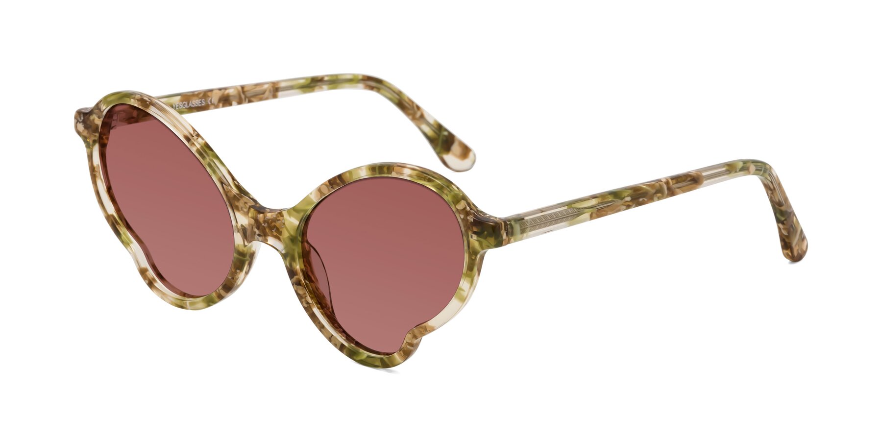 Angle of Gabriel in Green Floral with Garnet Tinted Lenses